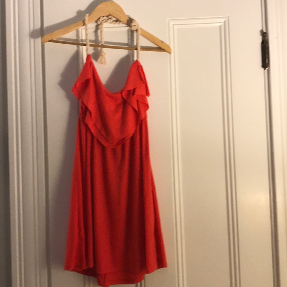Red halter dress.